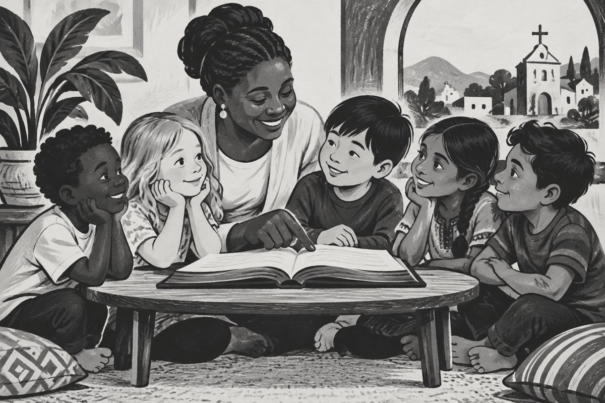 Illustration of children learning from an open book with a caring adult